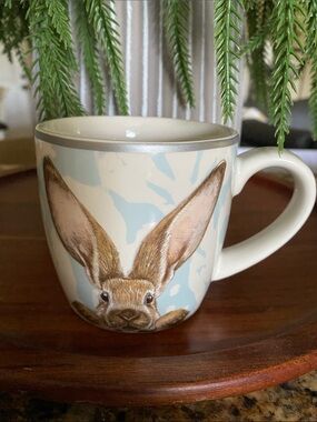 Williams-Sonoma Damask Bunny coffee mug w/ brown rabbit design